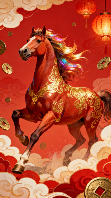 国潮风格马年微信红包封面，中国红为主色调，祥云纹环绕，一匹昂首奔腾的骏马，马身点缀鎏金纹路，鬃毛飘逸带渐变光泽，背景融入传统灯笼、铜钱元素，整体色彩浓郁喜庆，细节精致，寓意马到成功、财源滚滚，构图饱满预览效果
