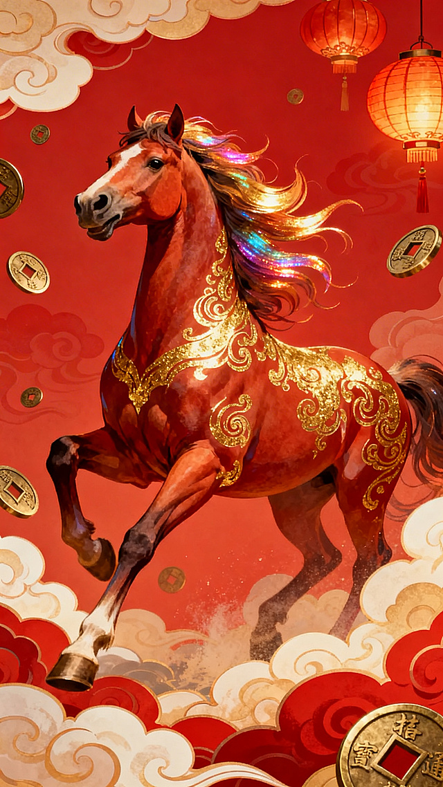国潮风格马年微信红包封面，中国红为主色调，祥云纹环绕，一匹昂首奔腾的骏马，马身点缀鎏金纹路，鬃毛飘逸带渐变光泽，背景融入传统灯笼、铜钱元素，整体色彩浓郁喜庆，细节精致，寓意马到成功、财源滚滚，构图饱满，适配红包封面尺寸，高清质感，国潮氛围感拉满