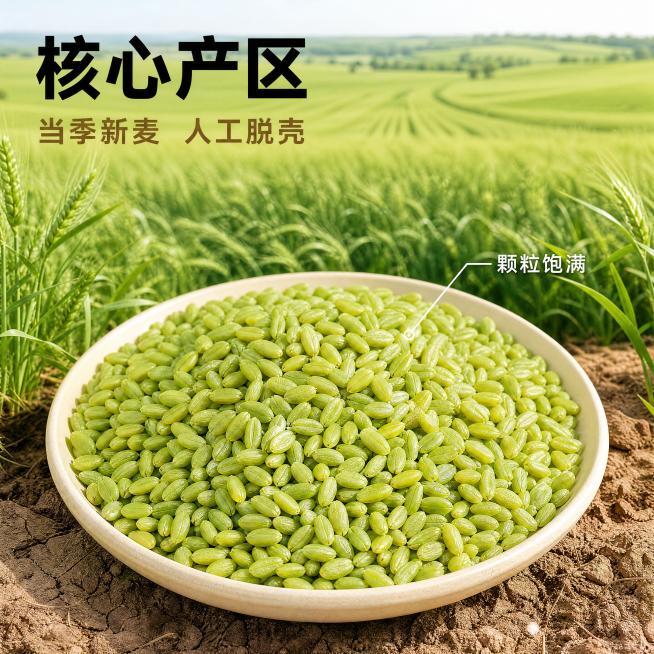 [主图-2] 新鲜青麦仁核心亮点产地溯源图
[氛围风格] 原生态产地真实感，自然清新
[画质] 商业摄影质感，光线柔和通透，产品清晰真实，画面干净高级
[元素] 前景摆放一盘脱壳新鲜青麦仁，颗粒饱满翠预览效果
