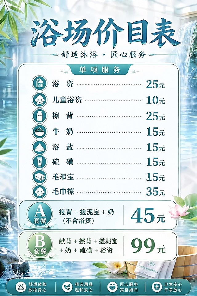 将这张浴场价目表中最下方的"儿童浴资 10元"整行（含图标、文字、虚线、价格）移动到"浴资 25元"这一行的正下方，作为第二行项目，其余所有项目（擦背、牛奶、浴盐、硫磺、搓泥宝、毛巾擦）依次向下顺延一行，保持原有字体、字号、颜色、图标样式、虚线分隔线和整体排版风格完全不变，画面其他元素不要改动