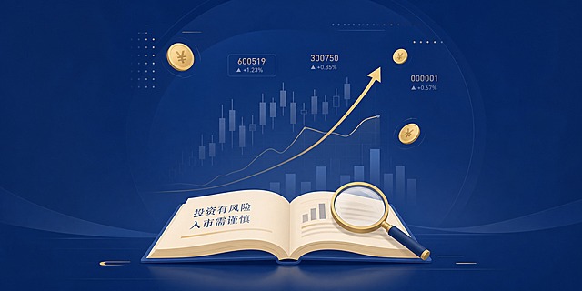 小红书主页背景图，券商员工投教风格。画面以深蓝色和金色为主色调，专业稳重。左侧和右侧留白区域用于头像和昵称展示。中间区域有简约的K线图、上升趋势线、柱状图等金融图表元素，呈半透明渐变效果。底部有翻开的书本和放大镜图案，象征投资者教育和知识学习。上方点缀少量金币、股票代码数字等金融元素，排列有序不杂乱。整体风格扁平化插画风格，干净简洁，专业可信，适合金融从业者个人主页使用。