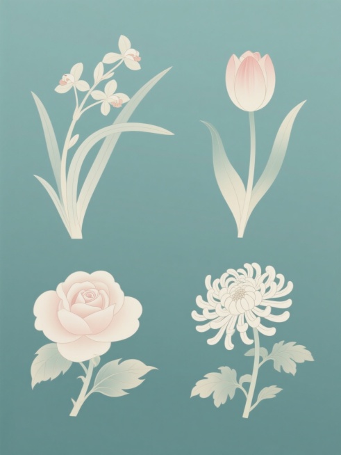 中国风插画，纯色背景，细腻流畅的线条勾勒兰花、郁金香、玫瑰花、菊花四个花卉元素，采用淡雅清新的配色，平面化与轻微渐变结合的质感，融入传统工笔画韵味，各花卉元素轮廓线清晰，细节简约刻画，以规整排布方式呈现系列素材集合，整体构图平衡和谐，营造雅致宁静的氛围。预览效果