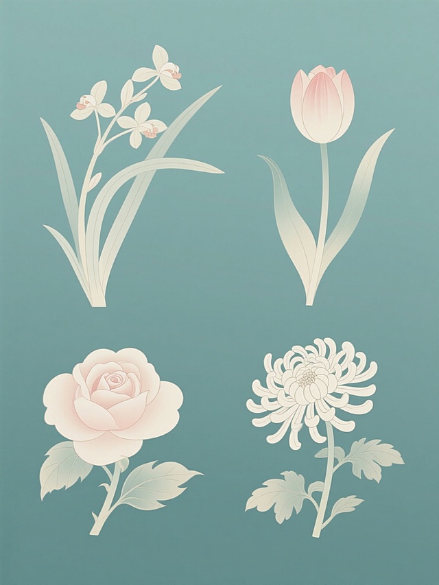 中国风插画，纯色背景，细腻流畅的线条勾勒兰花、郁金香、玫瑰花、菊花四个花卉元素，采用淡雅清新的配色，平面化与轻微渐变结合的质感，融入传统工笔画韵味，各花卉元素轮廓线清晰，细节简约刻画，以规整排布方式呈现系列素材集合，整体构图平衡和谐，营造雅致宁静的氛围。