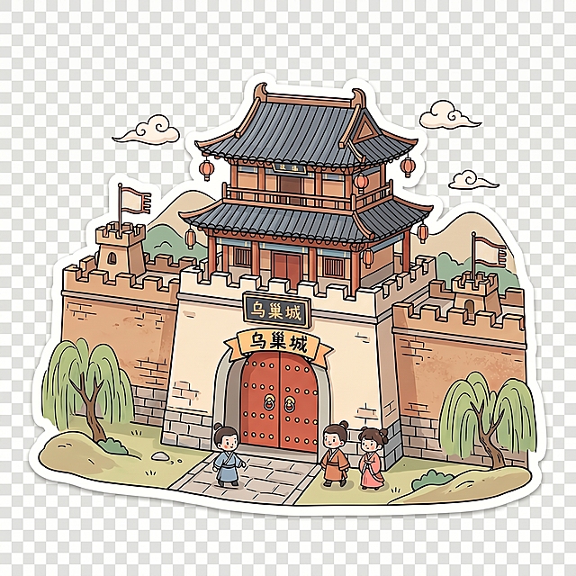 保持图片整体风格和其他元素不变，只删除两面旗帜上的“唐”字，保留旗帜本身和其他设计，保持透明背景
