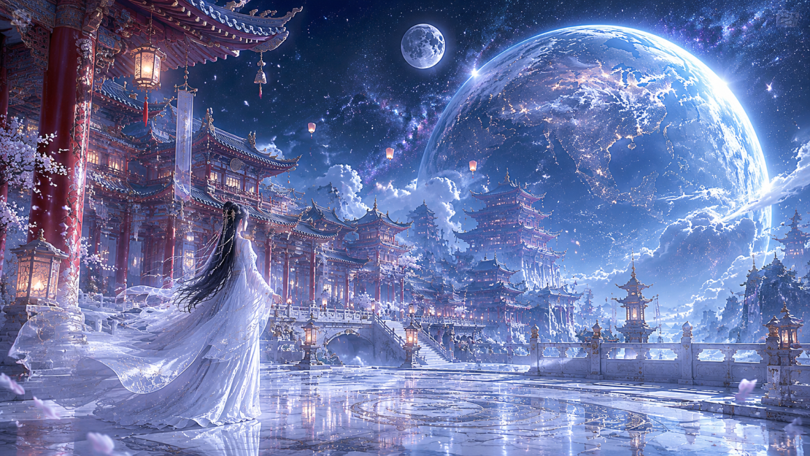 月夜天宫秘境，月球表面的东方仙宫，史诗级中式仙侠美学场景，极繁主义细节，极致低角度空间延伸感，兼具恢弘仙气与孤寂氛围感，低角度纵深构图，以白玉广场女子与红柱古殿为引导线，强化从近景广场到远景地球的多层预览效果