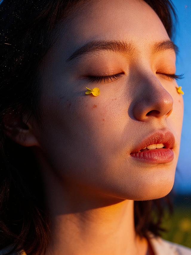 胶片风质感，光影温柔洒落，花瓣轻贴脸颊，朦胧中透出清透与浪漫，营造静谧唯美的文艺氛围。