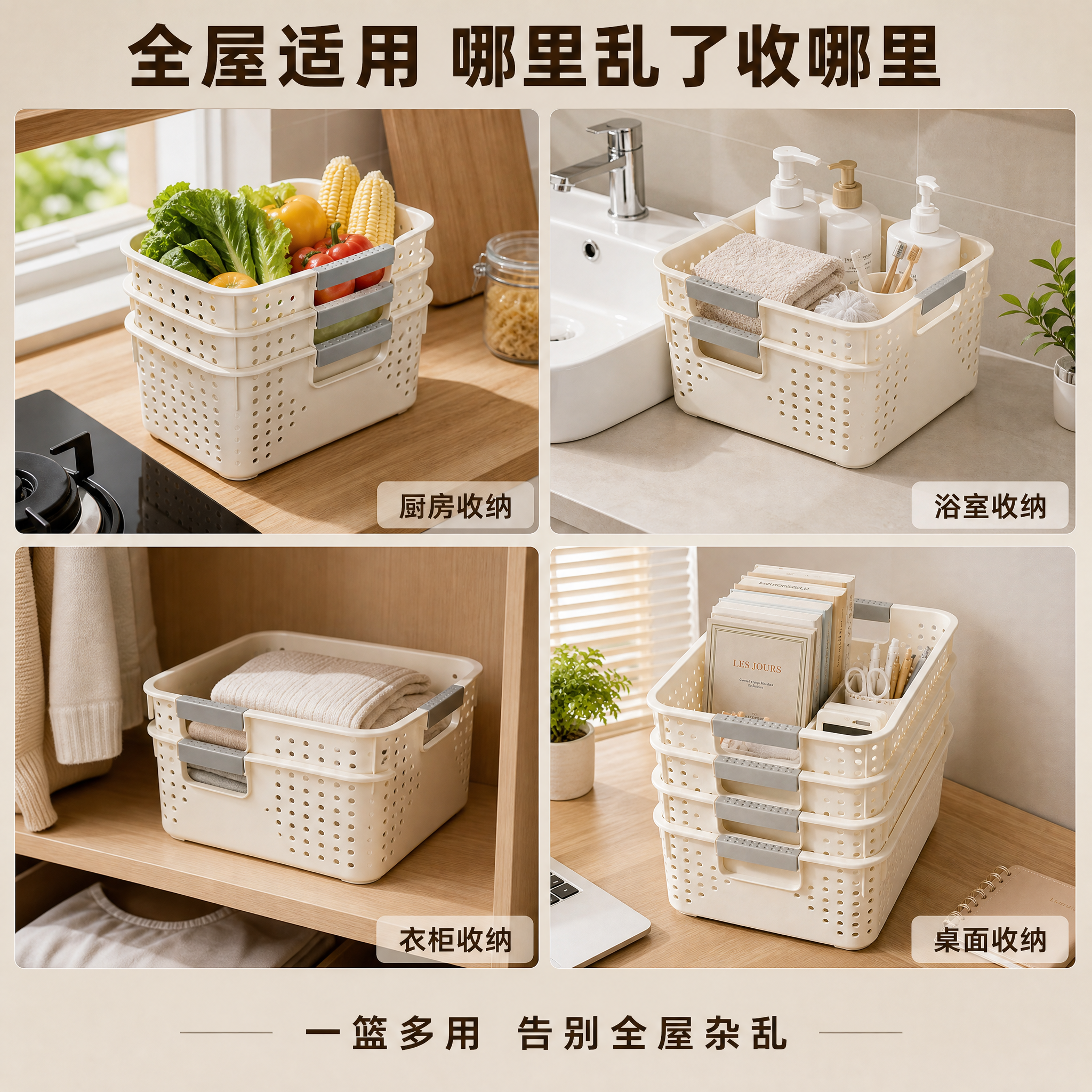 [主图-4] 收纳篮多场景适用宫格展示图。 [氛围风格] 暖调… - 图片创意预览