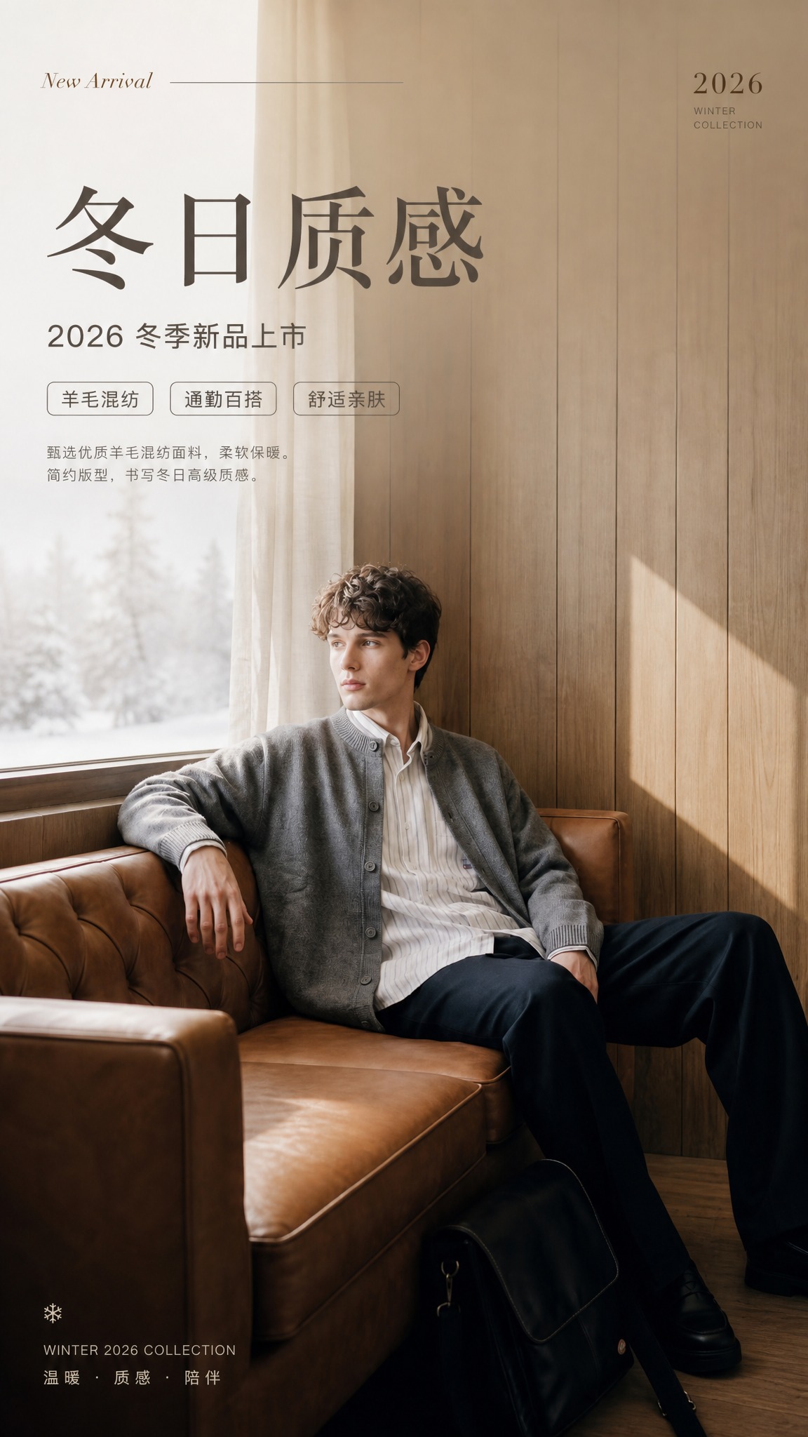 基于上传的男士灰色针织开衫穿搭图，制作一张高级感冬季服装海报，… - 图片创意预览