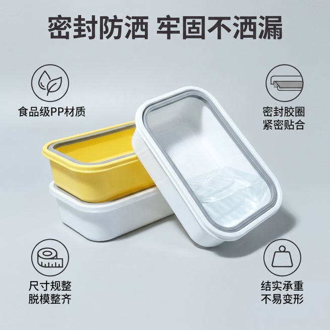「图片1」，生成一套主图（5「图片1」「图片1」「图片1」「图片1」张），商品名称是日式餐盒，特点：密封防洒，双色可选，尺寸规整，承重性好，食品级pp材质，适配淘宝/天猫平台，主图比例为1:1预览效果