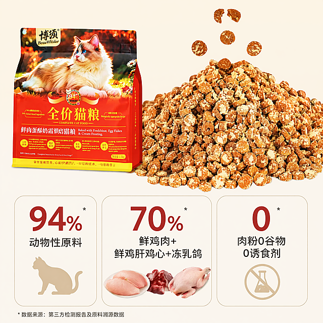 [主图-2] 鲜肉蛋酥奶霜猫粮原料卖点图，左侧放产品包装小图，右侧放猫粮颗粒特写，下方三个卡片分别标注：94%动物性原料、70%鲜鸡肉+鲜鸡肝鸡心+冻乳鸽、0肉粉0谷物0诱食剂，保持产品与颗粒真实质感不变，浅米白底干净排版，文字清晰，无夸张违禁词，1:1构图。