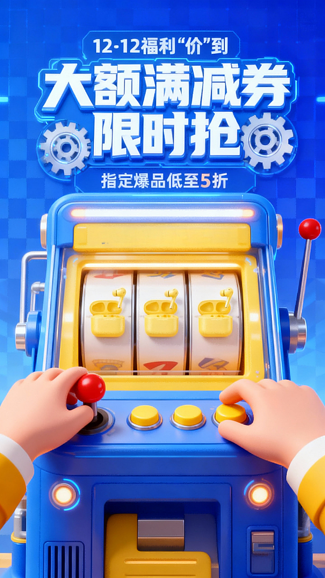 3D 卡通写实风格。画面主视觉是蓝黄色老虎机造型的促销装置，内部陈列图示商品（3个商品横排放置），装置带有科技感的灯光与结构。有两只卡通风格的手，一只操作红色摇杆，另一只按压黄色按钮，增强互动感。顶部主标题 12·12 福利“价”到 ，副标“大额满减券 限时抢”，白色科技风艺术字，点缀齿轮。老虎机上方有 “指定爆品低至5折” 的促销文字。蓝色渐变格纹背景。