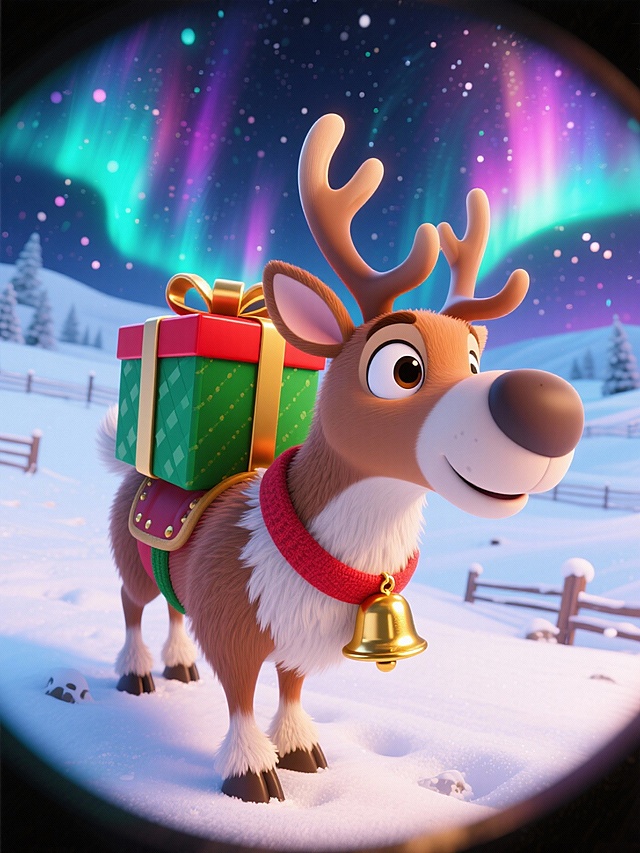 POV 视角，广角鱼眼效果，带圆形暗角镜头感。圣诞驯鹿缀着金铃铛，背上驮着红绿礼物盒，脑袋向鱼眼镜头贴近，向镜头内探头。背景是飘着极光的雪地牧场场景。