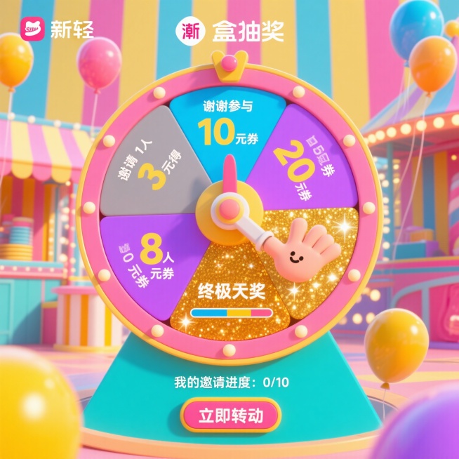 小程序邀请奖励创意页面，采用盲盒抽奖互动形式，中央是旋转的幸运大转盘，分为5个奖励区域：邀请1人得“谢谢参与”灰色区域，3人得“10元券”蓝色区域，5人得“20元券”紫色区域，8人得“50元券”粉色区预览效果