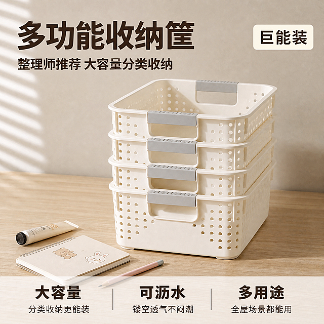[主图-1] 多功能收纳篮整洁空间英雄首图。
[氛围风格] 温暖家居自然光 整洁有序 极简生活方式 商业摄影质感。
[画质] 商业摄影质感、光线柔和通透、产品清晰真实、画面干净高级。
[元素] 画面中央为4个米白色镂空收纳篮整齐叠放陈列，收纳篮为方形圆角设计，侧面有圆形镂空孔洞，两侧带有灰色防滑把手。收纳篮摆放在浅原木色桌面上，背景是浅米色墙面，左侧有柔和的百叶窗光影斜射进来。收纳篮前方散落少量精致小物：一支护手霜、一本迷你笔记本、一支彩色铅笔，暗示多用途收纳。**保持收纳篮外观（即物理结构、材质质感、颜色、镂空孔洞形状、灰色把手样式）与输入产品图保持绝对一致，杜绝任何变形和色差，精细化处理**。商品主体占比约70%；画面满屏无边框。
[光影] 左侧自然光为主光源，经百叶窗形成条状柔光，色温暖白通透；桌面漫反射作辅光，收纳篮边缘有柔和高光；整体光比舒适，暗部有层次，无廉价HDR感。
[配色] 主色米白+浅原木；辅色暖灰；强调色深棕（文字）。
[视角构图] 四分之三微俯视，收纳篮叠放为视觉中心；前中后景分层、景深中等，产品轮廓完整不裁切。
[文字版式] 左上负空间左对齐留安全边距。主标题大字"多功能收纳筐"，深棕色最大号粗体无衬线；副标题"整理师推荐 大容量分类收纳"，约半高、同色略浅。右上"巨能装"米白底深棕字小圆角标签留内边距。底部通栏极轻微半透明渐变蒙层均分三列，列内上短句下说明左对齐：列一「大容量」「分类收纳更能装」列二「可沥水」「镂空透气不闷潮」列三「多用途」「全屋场景都能用」；上层短句更重，深棕字与浅底强反差，现代无衬线字体。
[输出要求] 1:1比例，文字清晰锐利，画面超高清商业摄影质感。
[负向提示词] 变形，文字错乱，产品图模糊，背景杂乱，水印，电商平台Logo，多余的手，多余的手指，畸形手，融合手指，手部扭曲，肢体穿模，人物面部扭曲，关节反折。