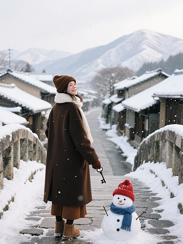 雪落古巷，暖色毛衣与雪人相映，轻拟物风融合浮世绘意境，胶片质感呈现冬日温情，中式屋檐下透出文艺复古气息。