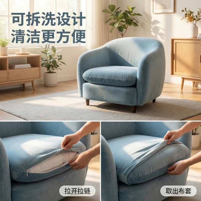 基于「图片1」，生成一套主图（3张），商品为单人沙发，商品核心卖点是圆润包裹式造型，坐垫可拆洗，氛围/风格是舒适简约、家居治愈，适配淘宝/天猫平台，主图比例为1:1预览效果