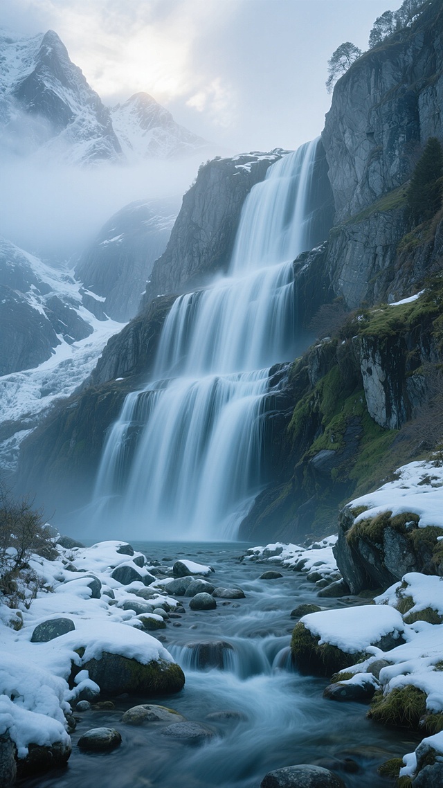 清晨薄雾笼罩的山间瀑布，水流从陡峭岩壁倾泻而下形成多层水帘，周围环绕着高耸的雪山与裸露的灰色岩石，近处溪流中散布着覆有薄雪的鹅卵石，冷色调的蓝绿色植被点缀其间，柔和的侧逆光穿透云层洒在瀑布上形成光晕，整体呈现出清冷幽静的高山瀑布景观，画面层次分明，光影细腻，充满自然的神秘与壮阔感。