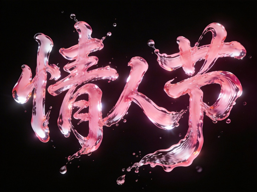 纯黑色背景，手绘书法狂草体“情人节”，完全由粉色流动的水拼接而成，有巧妙连笔和漂亮拖尾，文字呈生动自然液体形状，如同湍急水流在半空中雕刻而成，用浓郁粉色和明亮白色高光强调水的透明度、动感和反射，每个文预览效果