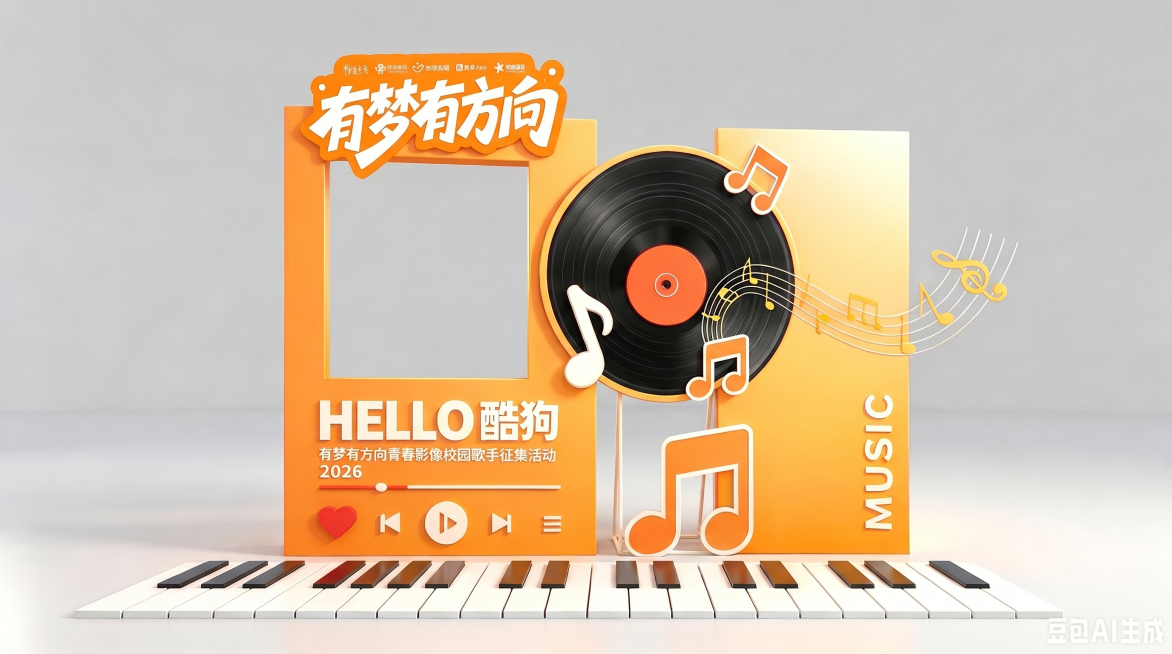 将当前3D音乐展示模型调整为完全正对镜头的正面视角，保留所有原有元素：橙色展示框、黑胶唱片、钢琴键、文字信息和放置好的"有梦有方向"logo，保持整体风格不变，调整构图为正面视角预览效果