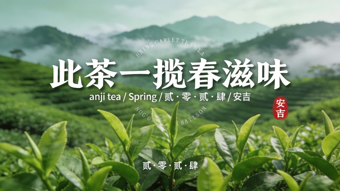 新中式国风茶叶海报，清新治愈的春日茶山风光，前景是鲜嫩翠绿的安吉白茶茶叶特写，背景是连绵起伏的绿色茶山与朦胧远山，云雾缭绕，色调以青绿色为主，整体质感细腻柔和，带有轻微颗粒质感，高级简约的现代国潮排版预览效果