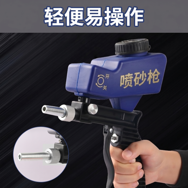 将图片上所有英文替换为中文：Highly Portable & Easy to Operate改为轻便易操作，SAND BLASTER改为喷砂枪，ON改为开，OFF改为关，保持原字体、排版和颜色不变，预览效果