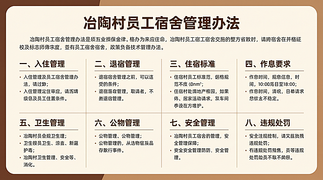 删除所有卡通人物和装饰图案，保留完整冶陶村员工宿舍管理办法全部文字内容不缺失，调整为简约商务企业风格，暖色调简洁排版，突出文字内容，保持横版比例不变，整体专业大气企业风