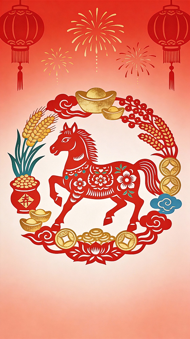 剪纸风与国潮元素融合，以红色为主调，马年主题喜庆热烈，轻拟物手法呈现金元宝、灯笼与烟花，展现浓郁中式民族风情。