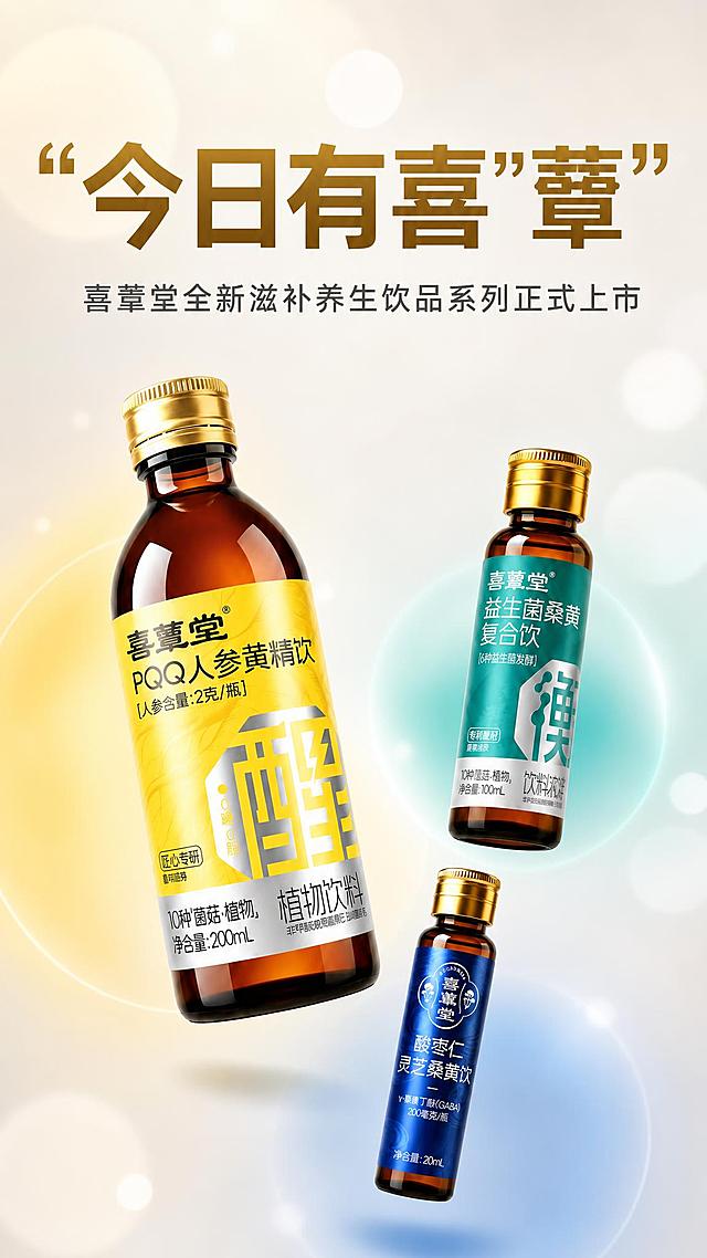 公众号图文封面头图，年轻现代极简风格，高端滋补饮品。画面上方主标题："今日有喜"蕈""，使用现代粗体无衬线字体，设计感强，字重醒目，颜色为深棕色或暖金色，不要传统书法字体。副标题："喜蕈堂全新滋补养生饮品系列正式上市"，字号较小，使用简洁无衬线字体，颜色为深灰色。画面中部三款饮品瓶子以不同角度动态悬浮在空中，大小比例严格对应：最大的是PQQ人参黄精饮（200mL棕色瓶黄色标签），第二大的是益生菌桑黄复合饮（100mL棕色瓶青绿色标签），最小的是酸枣仁灵芝桑黄饮（20mL棕色瓶深蓝色标签）。三款瓶子错落有致，角度各异，有漂浮的轻盈动感。背景为干净的米白色到极浅暖灰的极简渐变，点缀少量几何圆形光斑和柔和的彩色光晕（黄、蓝、绿三色呼应三款产品），整体非常干净、现代、年轻、有品质感，不要任何传统中式花纹、菌菇图案、丝绸飘带等老气元素。三款饮品瓶身100%还原上传商品图的外形、包装、LOGO、印刷文字、标签版式、颜色与正面朝向。版式精美，现代感强，文字清晰可读。