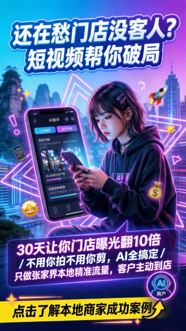 赛博霓虹风张家界商家短视频宣传海报，蓝紫渐变霓虹光，背景是张家界景区和城市融合的赛博场景，主标题大字：“还在愁门店没客人？短视频帮你破局”，核心内容：30天让你门店曝光翻10倍 / 不用你拍不用你剪，预览效果