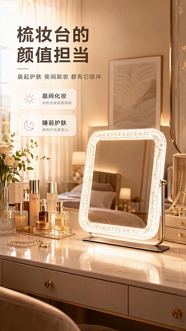 [商品] 使用【图1】方形台式化妆镜；保留方形轮廓、亚克力边框、灯带、底座和整体比例；放置于卧室梳妆台上，灯带开启。
[画面] 目标：沉浸式场景种草，展示日常使用时刻。构图：产品位于画面中右侧梳妆台上，占画面约40%，正面微侧角度；左侧和背景为现代轻奢卧室梳妆台全景，摆放护肤品、香水、绿植、首饰盒等道具，营造温馨精致的生活氛围。暖调晨光从窗户洒入，氛围灯柔和发光。
[视觉] 套系策略：风格=轻奢高级美妆商业摄影；标题字=现代简约粗黑体；正文字=纤细无衬线体；主色=香槟金+奶白；背景延展=基于奶白和香槟金做深浅渐变、柔焦光斑和细腻大理石/织物质感；强调色=暖粉金，仅用于小面积图标、引线和标签；标题色=深棕灰；正文色=中暖灰；组件=圆角浅底信息卡、细金线引线；光影=左前侧暖柔光+镜边自发光氛围。
[文字] 左上区域主标题「梳妆台的颜值担当」，副标题「晨起护肤 夜间卸妆 都有它陪伴」，下方2个场景标签：晨间化妆、睡前护肤。文字不遮挡产品主体。
[规格] 图片比例9:16竖版，4K分辨率，medium质量，避免变形、错字、文字过小、场景杂乱、产品比例失调。