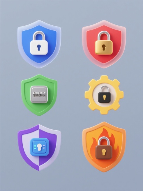 六个不同配色、不同造型的安全题材图标素材集合，规整排布于纯色背景上，每个图标均采用半透明渐变3D质感设计，保持盾牌与锁的核心安全元素，整体风格统一，包含蓝色系盾牌配白色挂锁、红色系圆角盾牌配金色锁扣、绿色系六边形盾牌配银色密码锁、黄色系齿轮边框盾牌配黑色挂锁、紫色系双层盾牌配蓝色电子锁、橙色系火焰纹盾牌配棕色复古锁，图标间距均匀，视觉层次清晰，适合安全主题宣传使用预览效果