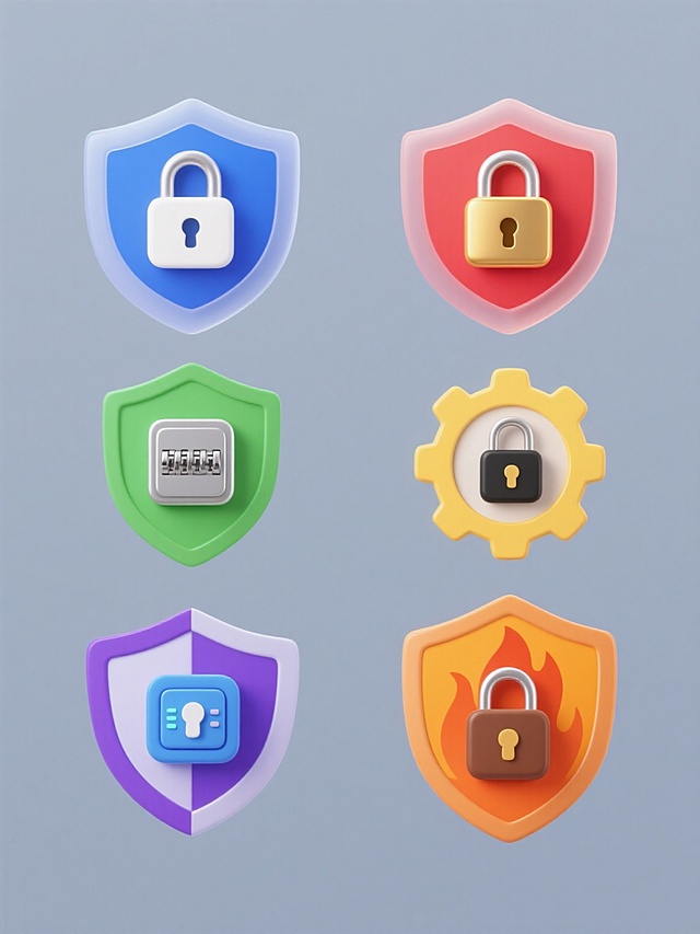 六个不同配色、不同造型的安全题材图标素材集合，规整排布于纯色背景上，每个图标均采用半透明渐变3D质感设计，保持盾牌与锁的核心安全元素，整体风格统一，包含蓝色系盾牌配白色挂锁、红色系圆角盾牌配金色锁扣、绿色系六边形盾牌配银色密码锁、黄色系齿轮边框盾牌配黑色挂锁、紫色系双层盾牌配蓝色电子锁、橙色系火焰纹盾牌配棕色复古锁，图标间距均匀，视觉层次清晰，适合安全主题宣传使用