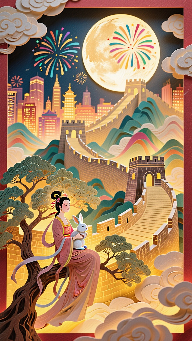 全景构图，近景是嫦娥抱着玉兔的坐在玉桂树上的侧影，中间是蜿蜒雄伟的长城和繁华的城市建筑，背后是圆月和烟花，画面四周祥云环绕，画面整体充满喜庆和华丽，画面呈现喜庆的暖色调