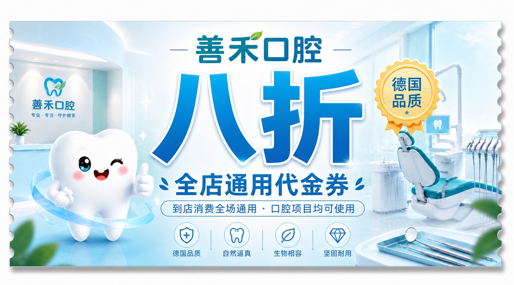 以这张参考图为风格基准，制作一张善禾口腔「八折全店通用代金券」… - 图片创意预览