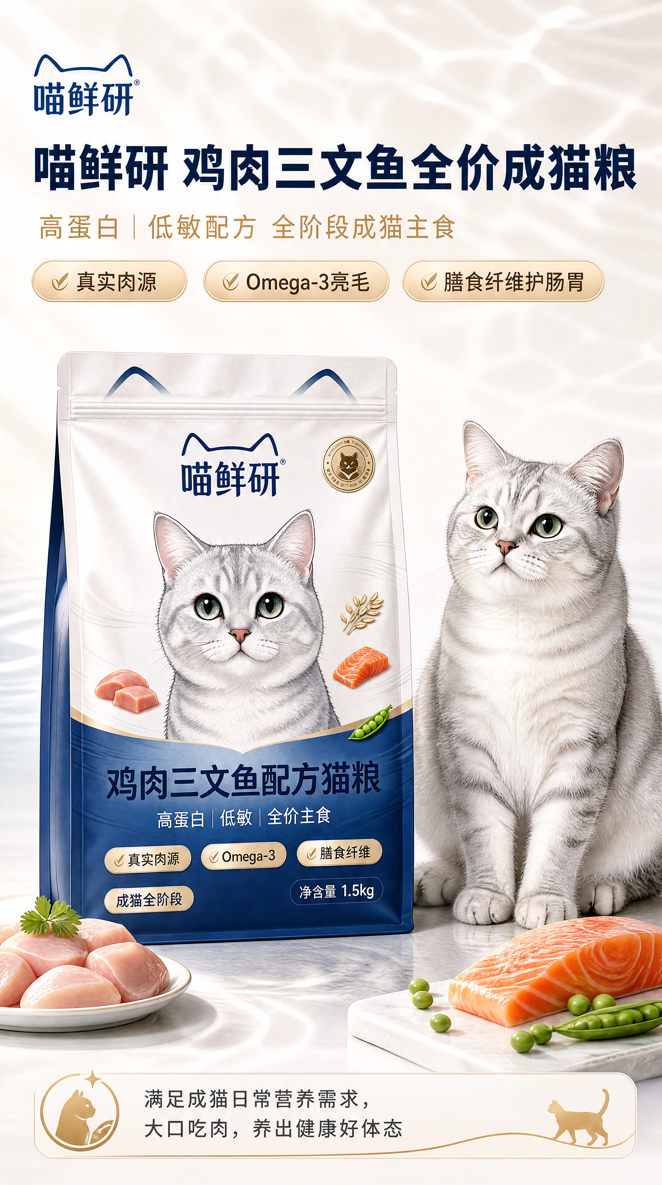 [商品] 使用【图1】喵鲜研鸡肉三文鱼配方猫粮包装袋；保留袋身… - 图片创意预览