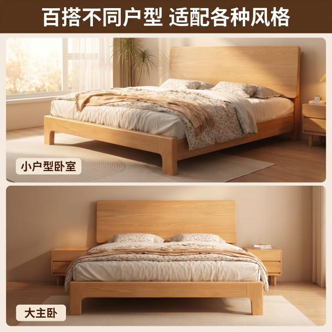 [主图 4] 白蜡木实木床多场景百搭展示。[氛围风格] 温馨舒适家居治愈风；[画质] 商业摄影质感、光线柔和通透、产品清晰真实、画面干净高级；[元素] 上下两格拼图，上图展示靠窗采光好的卧室场景，下图预览效果