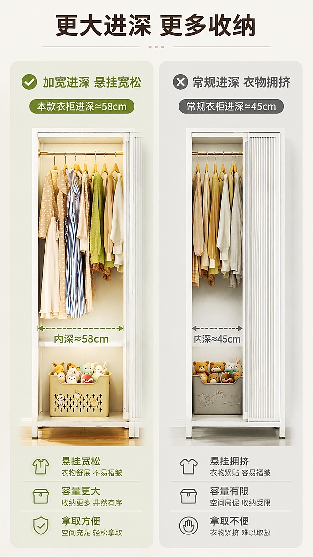 [第7屏] 空间对比展示-本款衣柜对比常规衣柜进深优势说明。本屏使用【图1】产品做对比展示。
[氛围/风格] 清晰对比，理性直观，信息明确。
[元素布局] 画面左右分栏对比：左侧展示本款衣柜进深，用虚线标注尺寸，并放置悬挂衣物示意容量充足；右侧展示常规衣柜进深，标注偏小尺寸，衣物拥挤；保持本款衣柜外观和原图一致。
[光影质感] 均匀布光，左右对比光线一致，信息清晰。
[配色色系] 全局底色 #F5F0E9；左侧浅绿背景标注优势，右侧浅灰底标注常规；主色保持衣柜白色。
[视角构图] 平面对比构图，左右均衡，对比直观。
[文字版式] 顶部主标题「更大进深 更多收纳」，左侧标注「加宽进深 悬挂宽松」打勾，右侧标注「常规进深 衣物拥挤」打叉，文字清晰对比明显。
[比例分辨率] 9:16 竖版比例，4K分辨率，文字清晰可辨，高清画质。
[负向提示词] 对比错乱，产品变形，文字错误，水印，颜色偏差