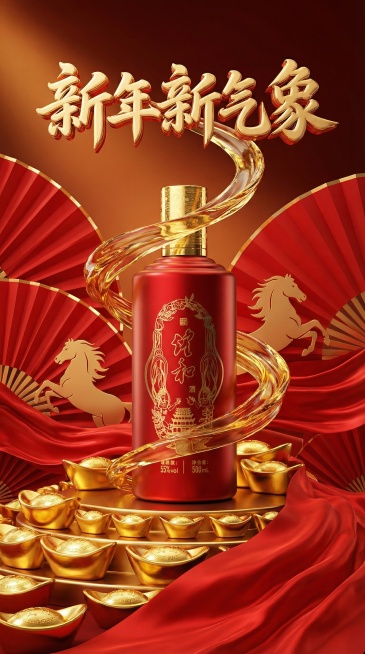 制作9:16的长图海报，3D C4D电商渲染风格，主体物内容及造型严格不变，酒瓶放置在堆满金元宝和红色丝绸的展示台上，一条金色的流体丝带（或抽象龙形）环绕着瓶身盘旋上升，寓意财运亨通，背景是红色的折扇预览效果
