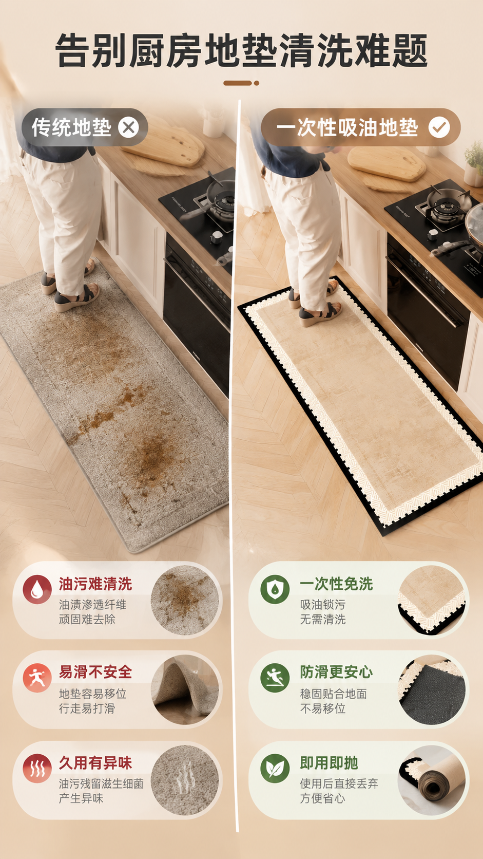[商品] 使用【图1】一次性吸油厨房地垫；保留浅卡其色主体、黑… - 图片创意预览