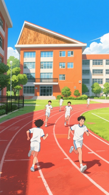 一幅充满活力的校园场景插画，采用清新明快的日系动漫风格绘制。画面中央是红色塑胶跑道，上面有几个穿着白色运动服的学生正在奔跑，他们的动作充满动感。跑道两侧是现代化的教学楼，建筑主体为温暖的橙色，屋顶呈三角形，带有木质纹理的装饰。教学楼的窗户明亮通透，部分区域有黑色的金属栏杆。建筑周围点缀着绿色的树木和草地，天空是纯净的蓝色，没有云朵，阳光明媚，光线充足，整体氛围青春向上，充满朝气。预览效果