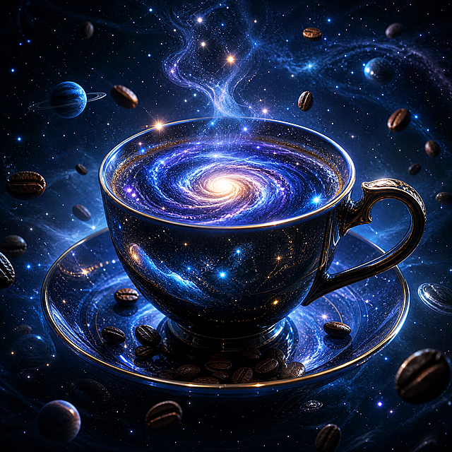 科幻插画风格，咖啡杯中容纳了一个完整的星系在旋转，咖啡表面是星云图案，杯壁映出璀璨星河，咖啡豆变成漂浮行星，咖啡热气化作点点星辰，深邃蓝色调，整体带有发光特效，画面富有宇宙神秘感