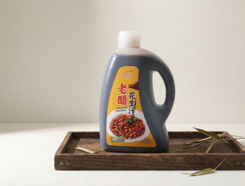 在新中式厨房场景中，一个深色原木托盘上摆放着一瓶老醋花生汁，保持产品原有Logo和文字原样，保持主体物理结构不变，瓶身形状和透视不变。采用东方禅意风格，自然侧光，搭配几片干枯竹叶点缀，大面积留白，整体预览效果