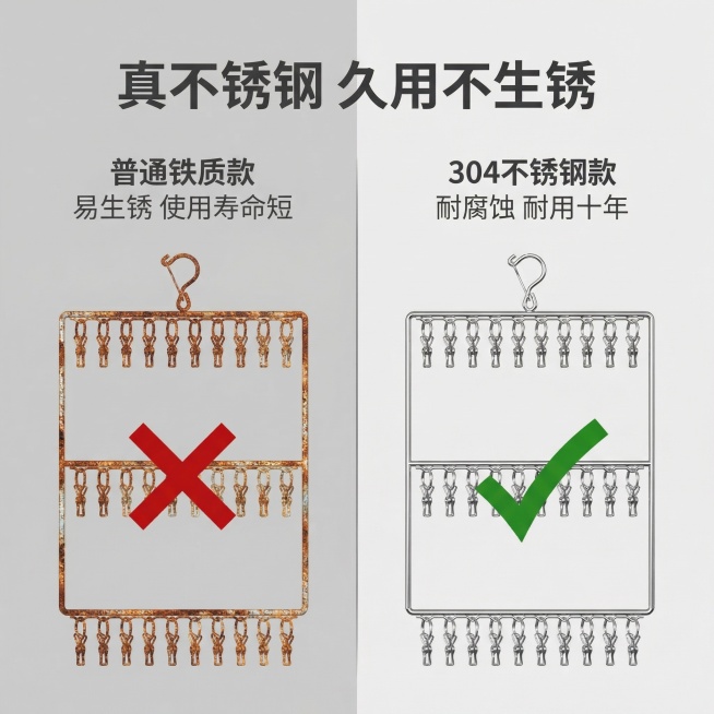 主图主题：不锈钢袜子夹防锈性能对比图；氛围/风格：简约日系风，清晰直观；画面元素：左右分栏布局，左侧为普通铁质晾晒夹，表面布满锈迹，打红色叉号，右侧为本款不锈钢袜子夹，表面光亮如新，打绿色对号，背景为预览效果