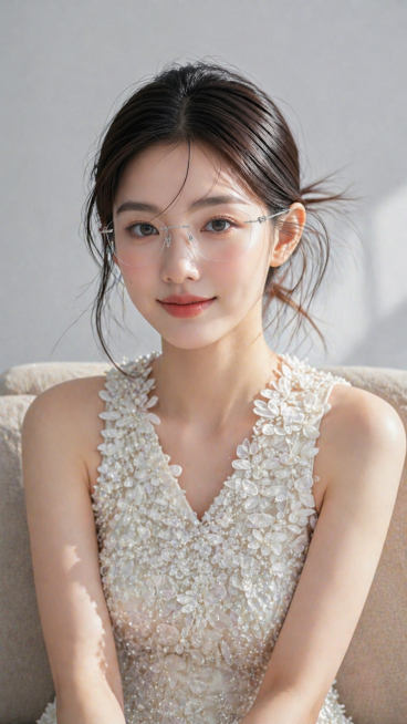 修改图片，生成女主半身照，女主坐在沙发上，正面面对镜头微笑，保持女主脸上的无框眼镜、人物和服饰不变，生成尺寸比例为9:16预览效果