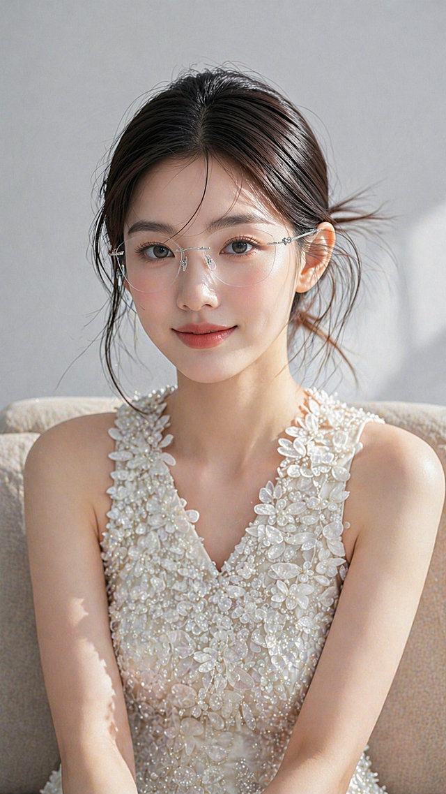 修改图片，生成女主半身照，女主坐在沙发上，正面面对镜头微笑，保持女主脸上的无框眼镜、人物和服饰不变，生成尺寸比例为9:16