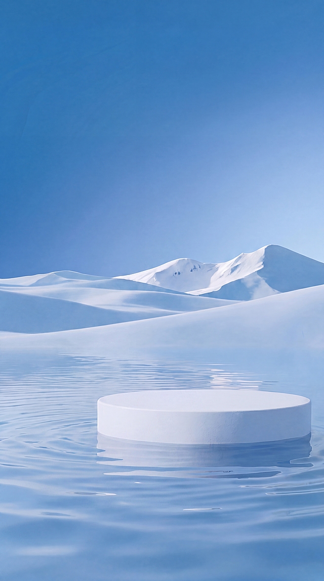 保留原图整体风格和背景，只保留画面中较大的那个圆形展台，移除较小的圆形展台，保持水面、雪地和远山背景不变，整体风格和光影一致