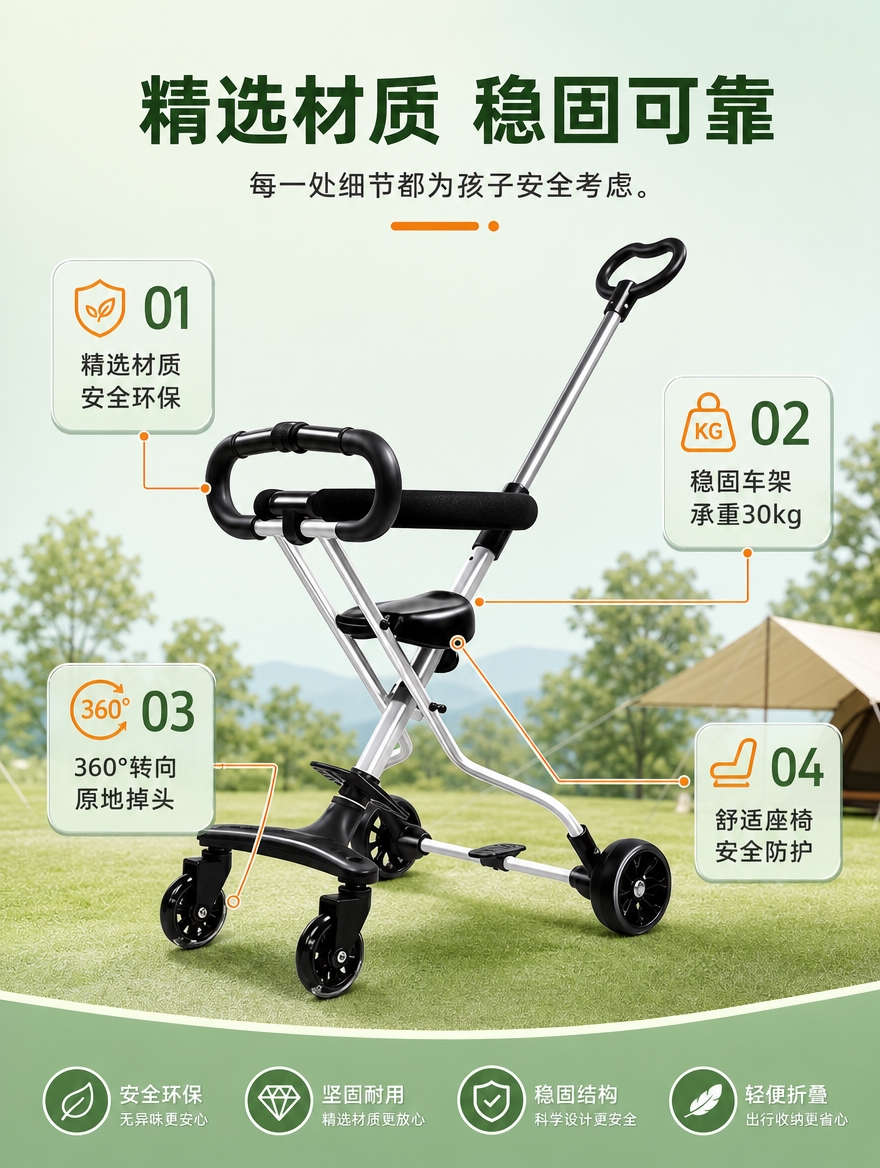 [商品] 使用【图1】共享童车，保留银色铝合金车架、黑色座椅与… - 图片创意预览