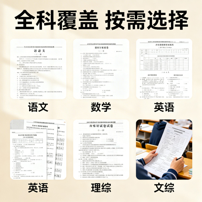 历届高考真题合集电商主图第七张，清新舒适学习风格，柔和自然光。画面展示真题的科目分类展示，依次排列语文、数学、英语、理综、文综的试卷缩略图，每个科目旁标注对应科目名称。背景为浅米色，整体整洁有序。上方预览效果