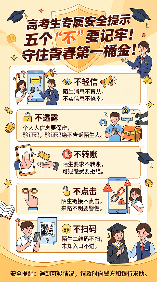 请删除不合规的语句和字眼，制作图片。考生专属，五不反诈准则。 大标题：高考生专属反诈“五不原则”、守住青春第一笔财富！
正文五条准则（逐条清晰排版）：1. 不轻信。不信陌生电话、陌生消息、所谓内部捷径、特殊福利。2. 不透露。身份证、银行卡号、支付密码、短信验证码绝不外泄。3. 不转账。凡是陌生人员要求转账、缴费、解冻资金，一律拒绝。4. 不点击。不点未知短信链接、陌生网友私发链接。5. 不扫码。不扫陌生二维码、来路不明收款码、认证码。
紧急求助通道：遇到可疑诈骗、疑似被骗、立即拨打 110 报警、同时联系银行冻结账户、止付保全资金。
适配配图元素：五组对应简约图标、盾牌守护底纹、银行工作人员形象、大学生的形象。
