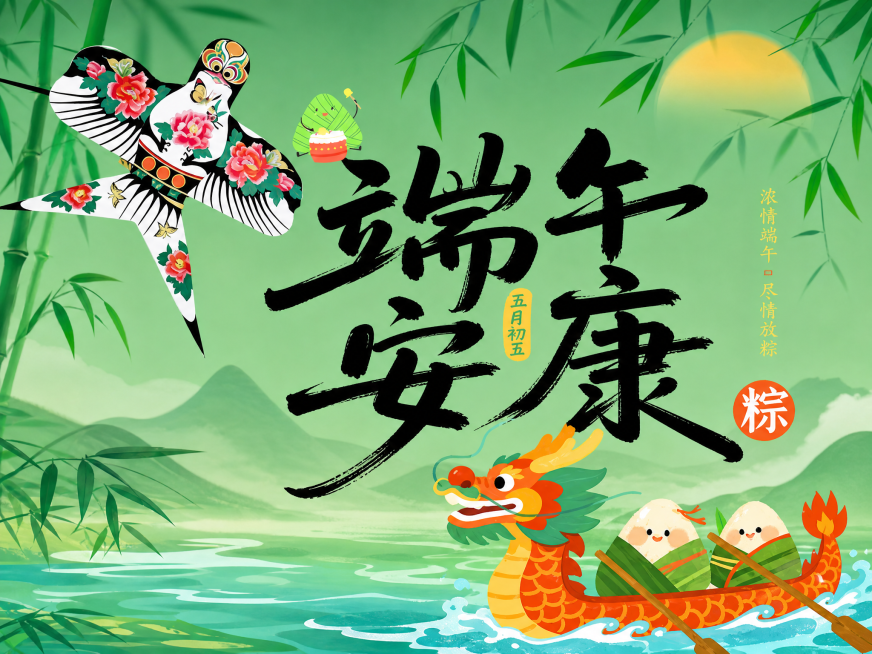 将原竖版海报单独提取出来，生成横版海报，保留原海报全部内容：绿色背景，黑色书法字体写着“端午安康”，文字旁标注“五月初五”，左上角有粽子图案，下方是龙舟赛粽子图案，保留“浓情端午 尽情放粽”文字和“粽预览效果